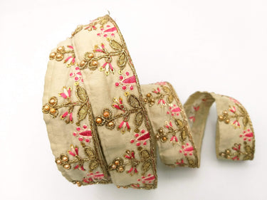 Beige Art Silk Trim In Pink And Gold Embroidery, Approx. 35mm wide, Decorative Trim